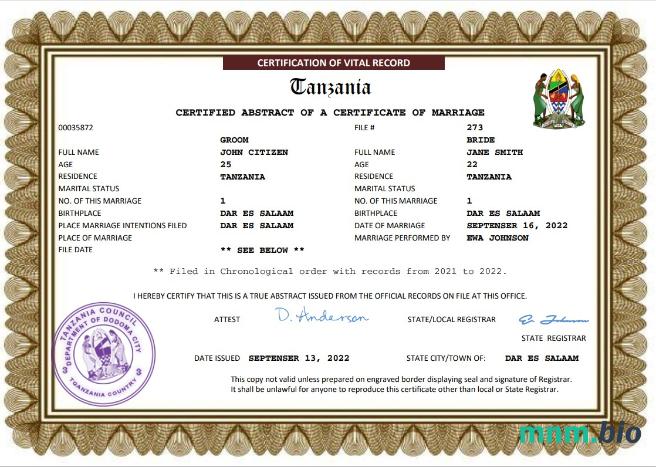 Tanzania akt małżeństwa Word i PDF szablon